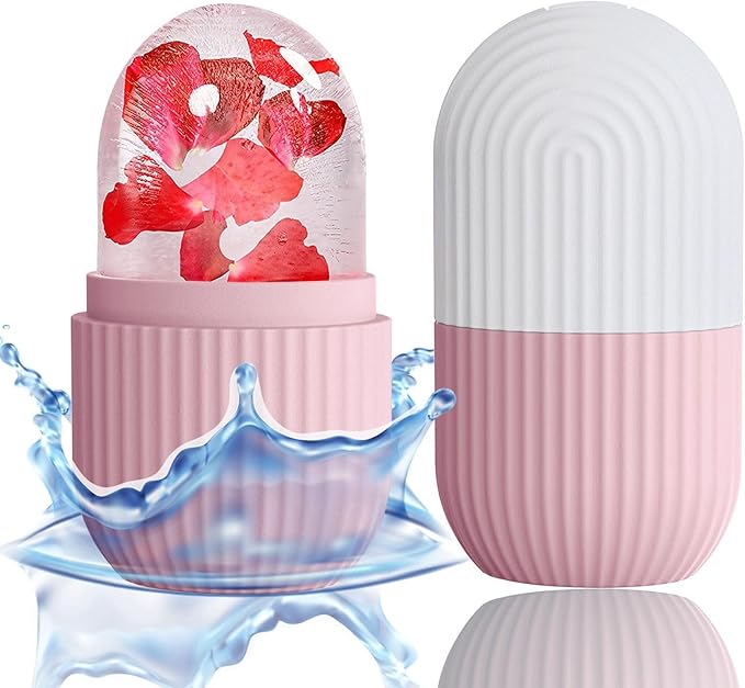 XHJRI Ice Face Roller Massager,Ice Cube Roller for Face, Eyes and Neck Naturally Conditioning and Skin Care,De-Puff Eye Bags,Reduce Migraine Pain,Reusable Massage Silicone Ice Mold (Pink White)-GlimoraGlow