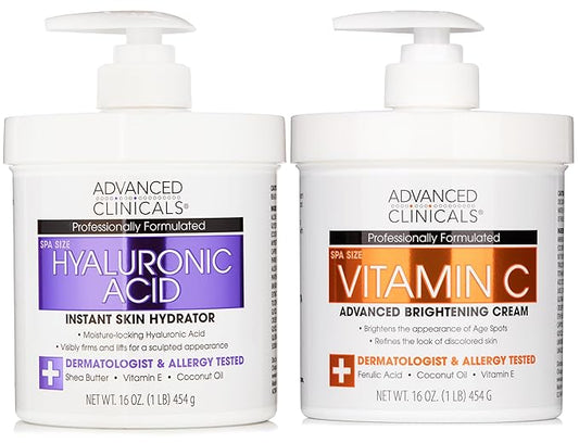 Advanced Clinicals Hyaluronic Acid Moisturzier + Brightening Vitamin C Cream 2pc Skincare Set For Women & Men | Face Moisturizer & Body Cream Helps Improve Look Of Crepey Skin & Uneven Skin Tone, 2pc-GlimoraGlow