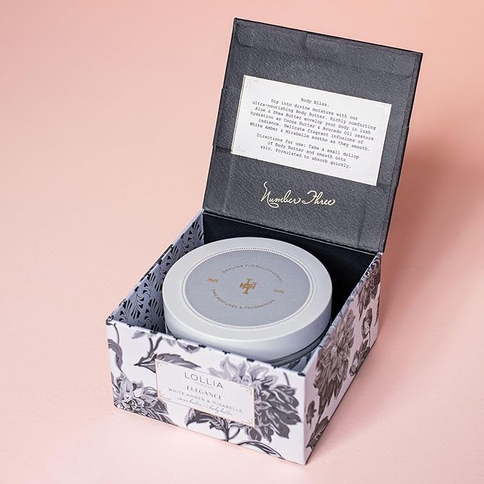 Lollia Elegance Body Butter, 5.5 oz. – White Amber & Mirabelle - Shea Butter & Cocoa Butter, Body Lotion for Women, Hydrating & Smooth Body Moisturizer-GlimoraGlow