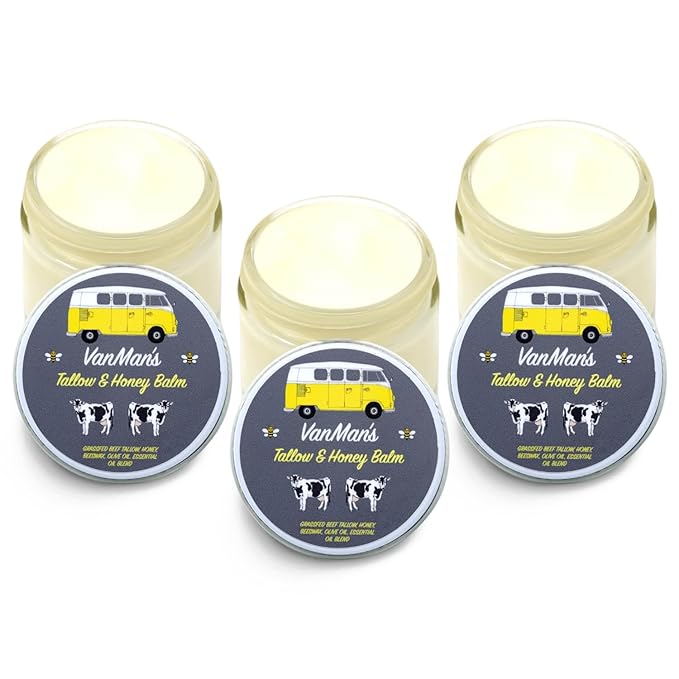 Vanman's Tallow and Honey Balm (3 Pack) - Tallow Face Moisturizer with Pure Grass-Fed/Finished Beef Tallow for Skin and Essential Oils, Organic Raw Honey and Beeswax, Cold Pressed Olive Oil - 2.5 oz-GlimoraGlow