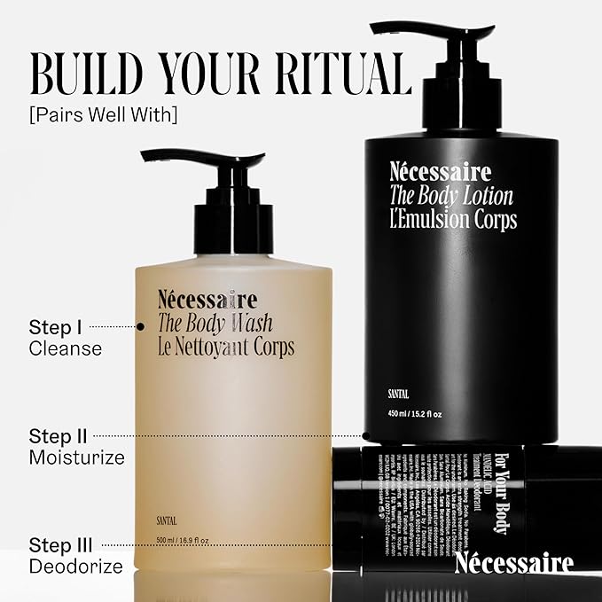 Nécessaire The Body Lotion with Pump. Santal. Multi-Peptide Firming Lotion to Moisturize, Firm, Strengthen. 2.5% Niacinamide, Vitamin C/E + Omega 6/9. 450ml / 15.2 fl oz-GlimoraGlow