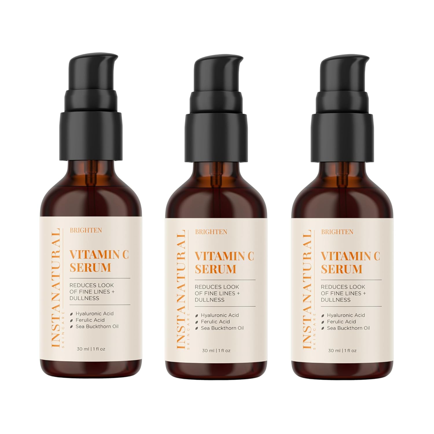 InstaNatural Vitamin C Face Serum with Hyaluronic Acid & Ferulic Acid | Brightening & Hydrating Formula for Radiant, Smooth-Looking Skin – 1 FL Oz - 3 Pack-GlimoraGlow