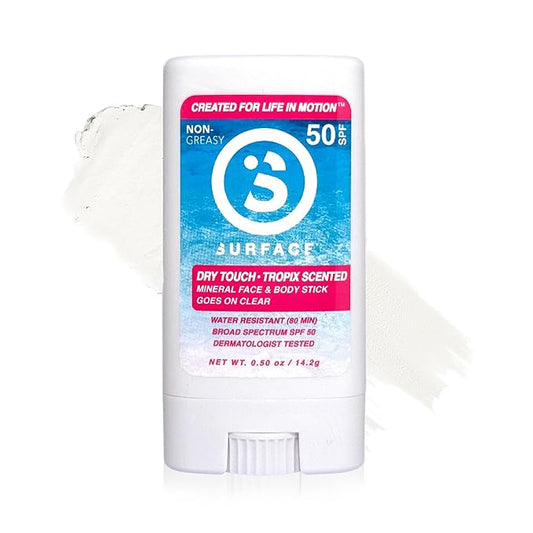 Surface Mineral Face Sunscreen Stick, Dry Touch SPF 50, Broad Spectrum UVA UVB Sun Protection for Kids and Adults, Travel Friendly, Water Resistant for 80 Minutes, Tropical Scent, 0.5oz-GlimoraGlow