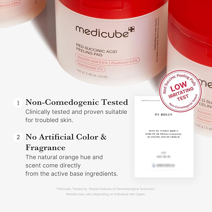 Medicube Red Succinic Acid Panthenol Facial Peeling Pads - Exfoliating Toner Pads for Breakout-Prone Skin with Niacinamide, AHA, BHA, and Soothing Panthenol - Non-Comedogenic-GlimoraGlow
