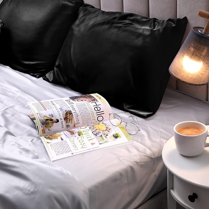 2 Pack Satin Pillowcase with Latent Zipper, Adjustable Satin Eye Mask for Sleeping and Satin Volume Scrunchie for Hair and Skin, Standard Size (Classic Style, Black)-GlimoraGlow