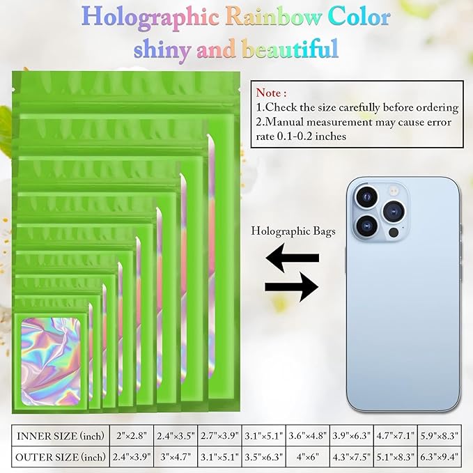 100 Pack Holographic Bags,Smell Proof Packaging Bags, Clear Window Resealable Odor Foil Pouch Mylar Bags for Food Storage and Lipgloss, Jewelry Lash(Green, 2.4 x 3.9 Inch)-GlimoraGlow