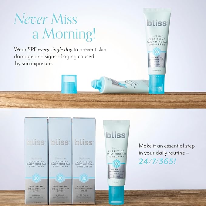 Bliss Block Star Clarifying Daily Mineral Sunscreen Broad Spectrum SPF 30, Blendable Pore Safe Formula for Blemish Prone Skin with Salicylic Acid and Witch Hazel, 1.4 Fl Oz-GlimoraGlow