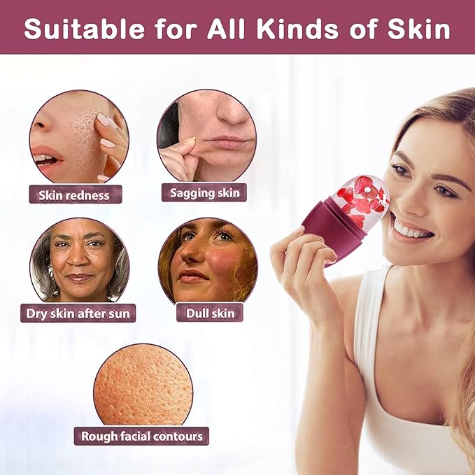 XHJRI Ice Face Roller Massager,Ice Cube Roller for Face, Eyes and Neck Naturally Conditioning and Skin Care,De-Puff Eye Bags,Reduce Migraine Pain,Reusable Massage Silicone Ice Mold (Upgrade Rose)-GlimoraGlow