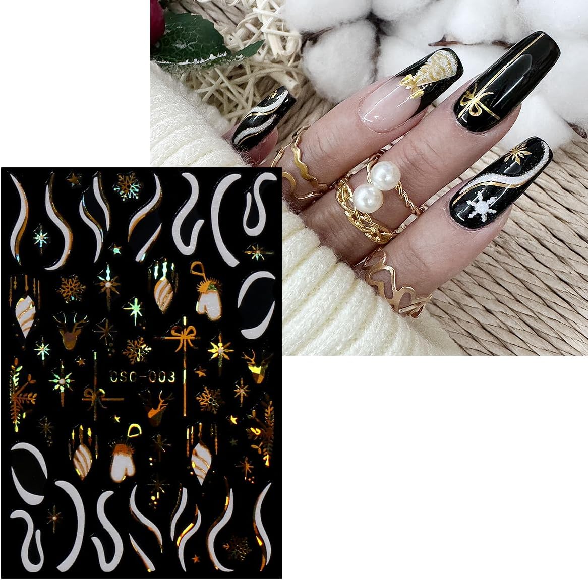 JMEOWIO 8 Sheets Christmas White Glitter Gold Nail Art Stickers Decals Self-Adhesive Snowflake Winter Holiday Nail Supplies Nail Art Design Decoration Accessories-GlimoraGlow