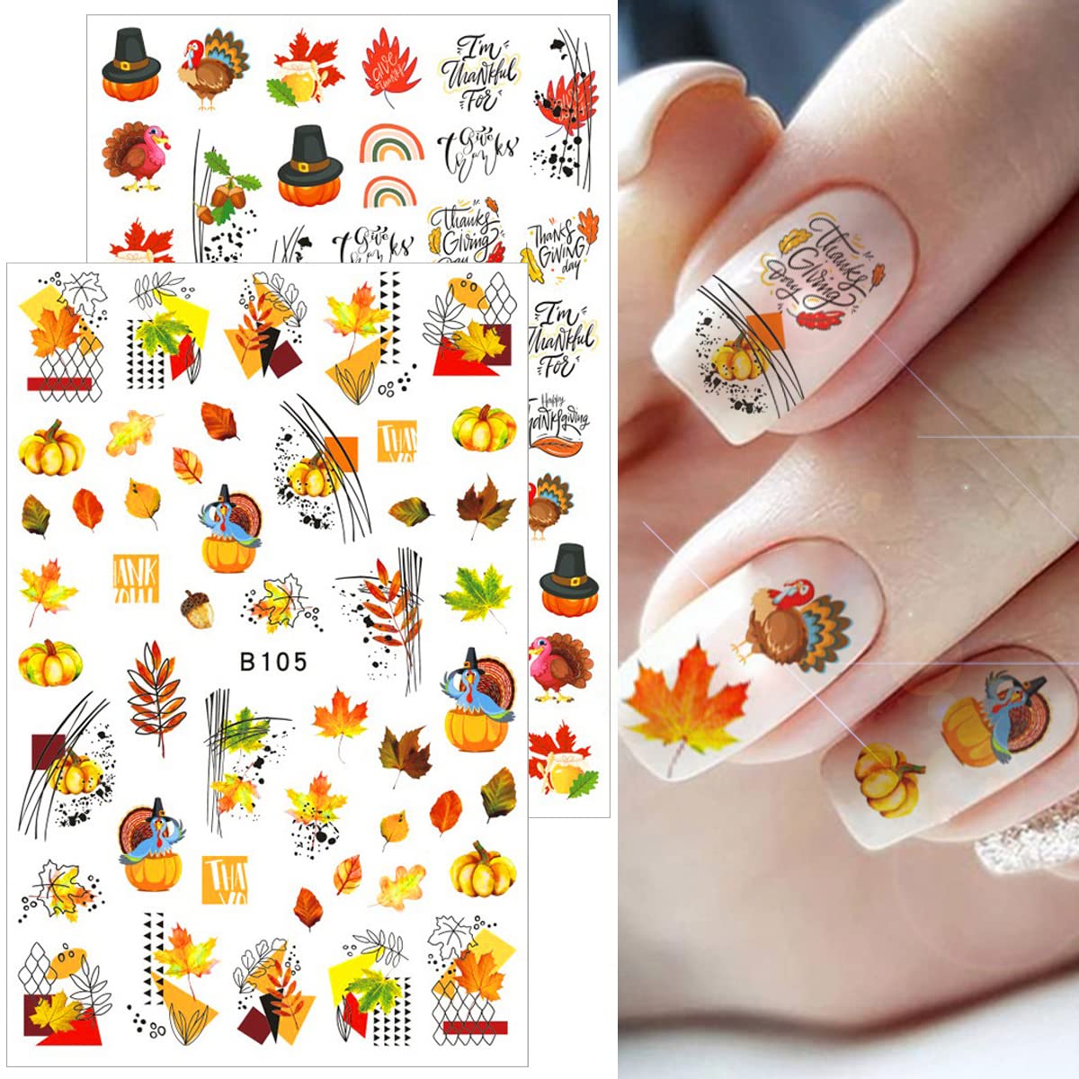 12 Sheets Fall Nail Art Stickers 3D Autumn Leaves Nail Decals Self-Adhesive Thanksgiving Nail Art Accessories Foils Maple Leaf Pumpkin Turkey Nail Designs for Women Girls DIY Manicure Decoration-GlimoraGlow