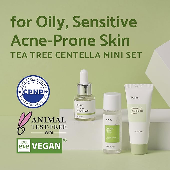 iUNIK Centella Mini Set Travel-Friendly Skincare Set Ultra calming and hydrating for sensitive skin - Tea Tree Relief Toner,Serum, Centella Calming Gel Cream-GlimoraGlow