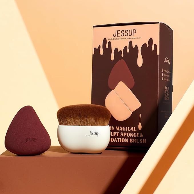 Jessup Makeup Brush Foundation Brush with Makeup Sponge 1pc Kabuki Brush for Liquid, Cream or Flawless Powder Cosmetic Face Boby Brush, T882-GlimoraGlow