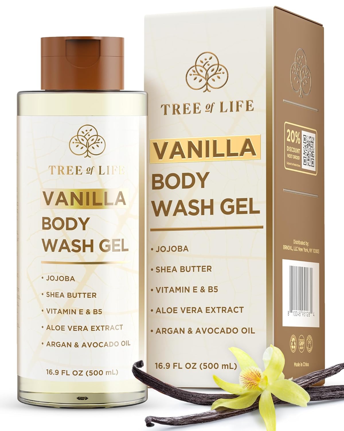 Tree of Life Vanilla Body Wash Gel - Moisturizing Shower Gel with Jojoba Oil and Shea Butter Hydrating Body Wash for Sensitive Skin and All Skin Types, 16.9 fl oz-GlimoraGlow