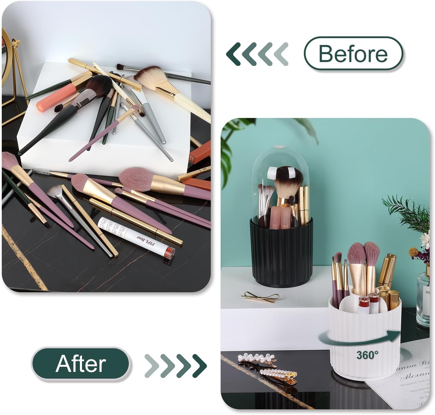 JessLab Makeup Brush Holder Organizer with Lid, 360 Degree Rotatable Makeup Brush Organizer Spinning Cosmetics Holders Brush Storage Box Display for Bathroom Vanity Countertop, White-GlimoraGlow