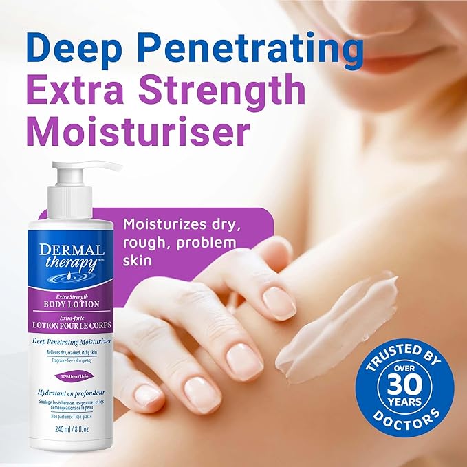 Dermal Therapy Extra Strength 5% AHA 10% Urea Body Lotion - Healing for Extremely Dry, Cracked Skin - Fragrance-Free - Sensitive Skin, Diabetes & Medication-Induced Dryness - 8 fl oz / 240 ml-GlimoraGlow