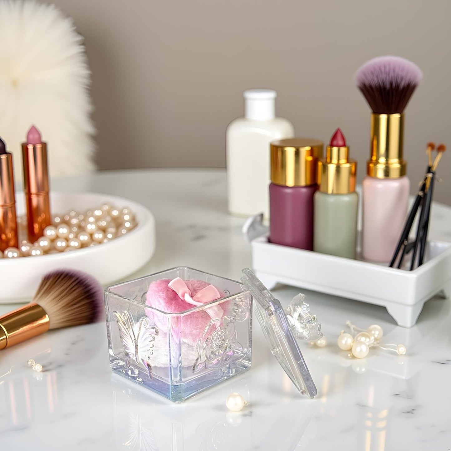 Body Powder Puff and Container - Glass Dusting Powder Container with 2 Soft Puffs – Vintage Powder Puff Case for Women & Girls (3.74x3.74x4.53 H in)- GRB013-Multi-GlimoraGlow