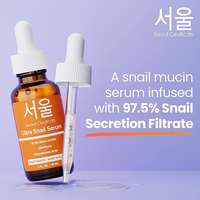 SeoulCeuticals Korean Skin Care 97.5% Snail Mucin Serum – K Beauty Skincare Night Serum Hyaluronic Acid for Face - Centella Anti Wrinkle Serum 1oz-GlimoraGlow