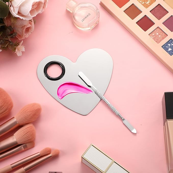 2 Pcs Stainless Makeup Mixing Palette,Tool for Mixing Foundation Nail-Art,Palette with A Stick,Storage Bag,Beauty Salon Color Cream Mixing Palette,Makeup Artist,Makeup Enthusiast (Heart Shaped)-GlimoraGlow