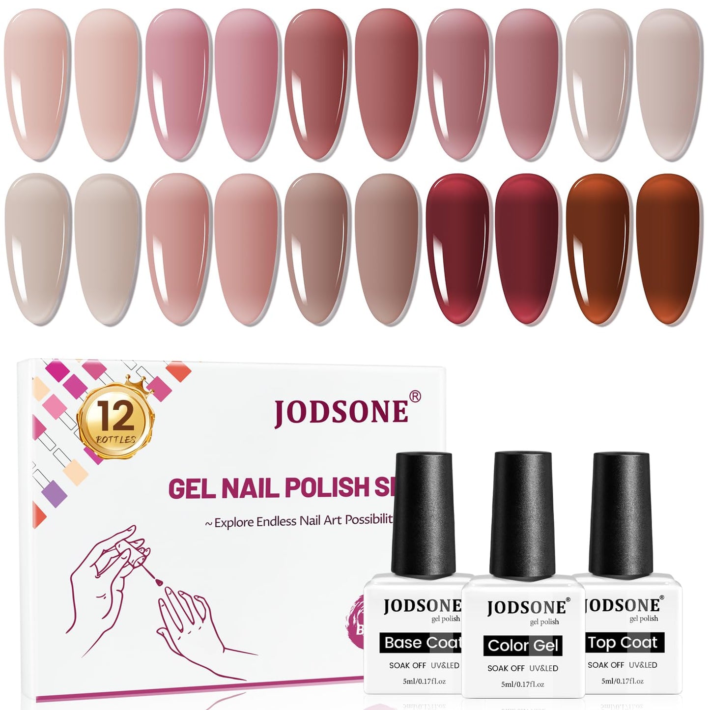 JODSONE 12PCS Gel Nail Polish Set 10 Translucent Jelly Colors Natural, Elegant & Long Lasting For Home & Salon Use-GlimoraGlow
