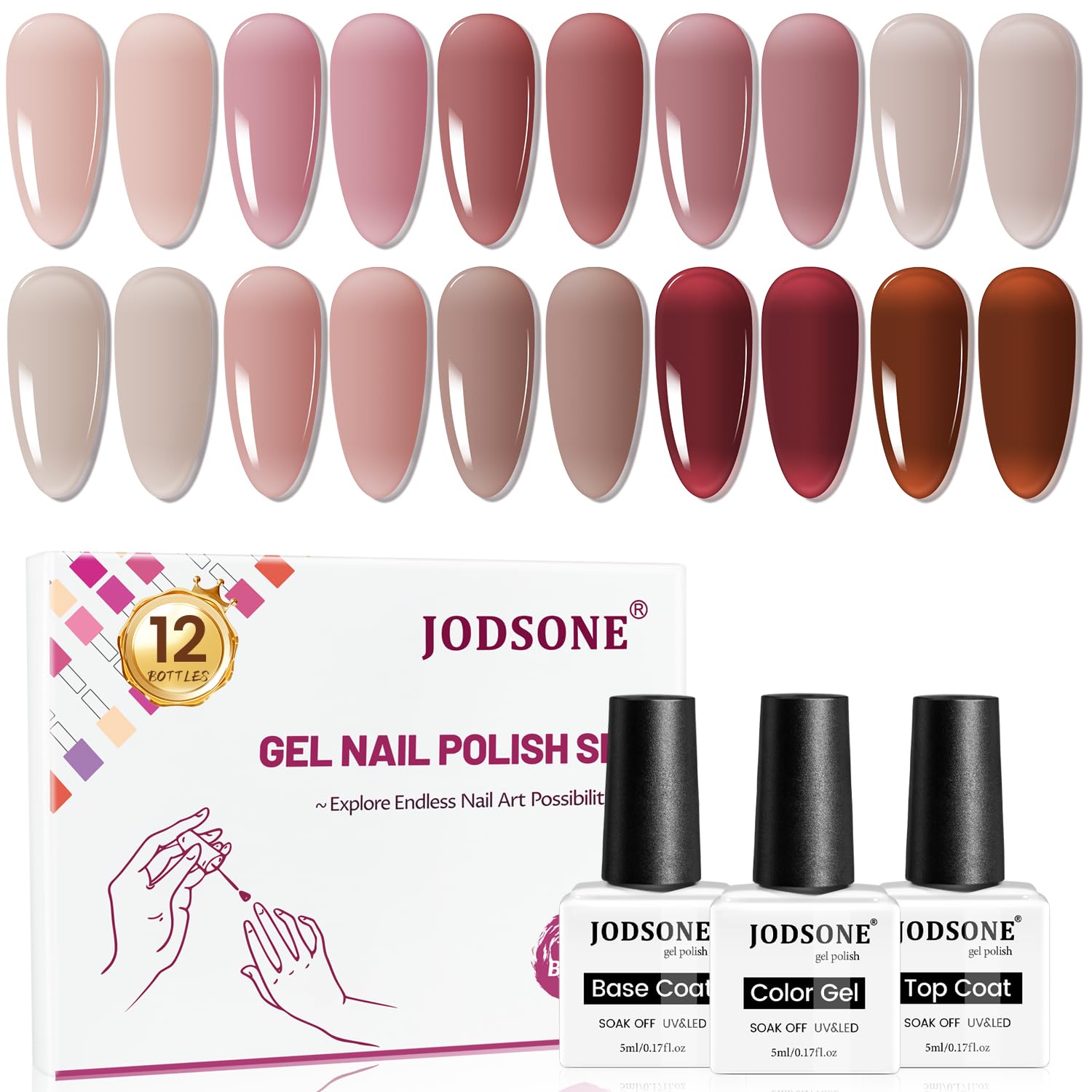 JODSONE 12PCS Gel Nail Polish Set 10 Translucent Jelly Colors Natural, Elegant & Long Lasting For Home & Salon Use-GlimoraGlow