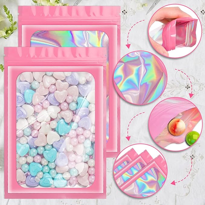 100 Pack Holographic Bags, Resealable Bags Packaging Bag with Clear Window Resealable Odor Foil Pouch for Food Storage, Lipgloss&Jewelry Lash Packaging(Pink, 2.4 x 3.9 Inch)-GlimoraGlow