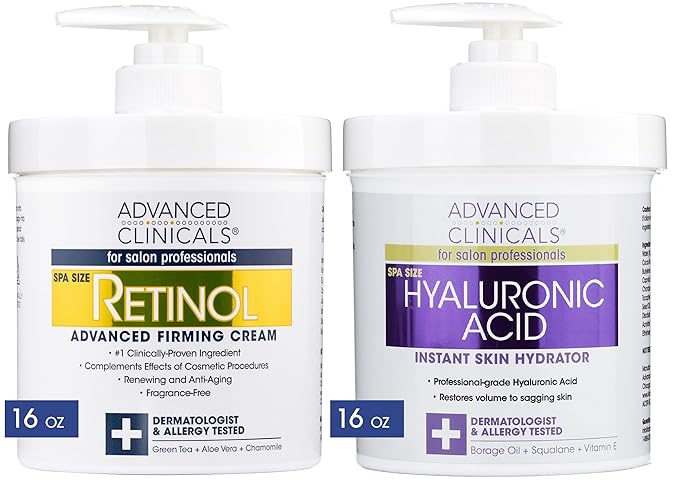Advanced Clinicals Retinol Cream + Hyaluronic Acid Lotion Face & Body Skin Care. Anti Aging Dry Skin Rescue Creams Reduce Appearance Of Wrinkles, Fine Lines, & Sagging Skin, 16 Oz (Pack of 2)-GlimoraGlow
