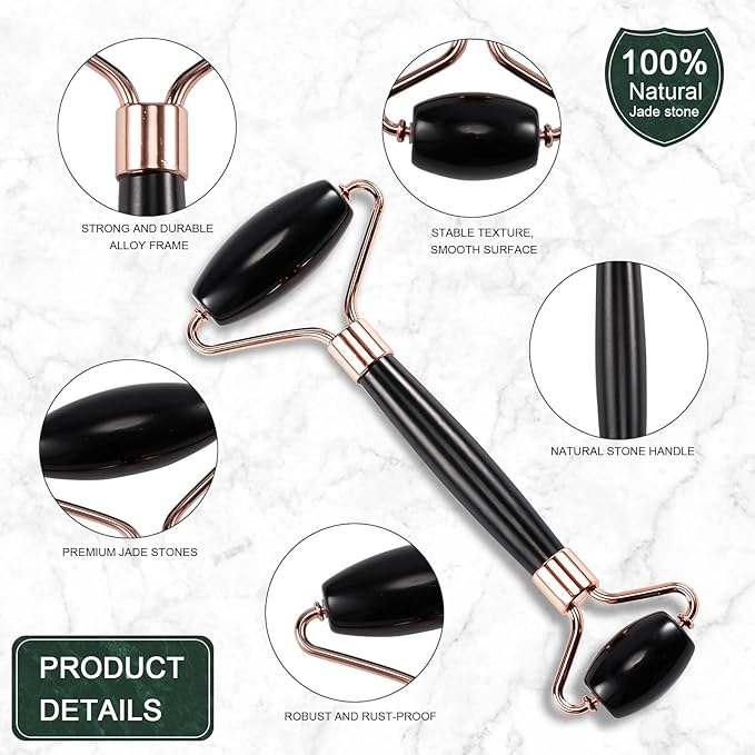 Jade Roller for Face, Facial Roller Massager Skin Care Tool, Gua Sha Facial Tools for Face, Neck, Eyes, Reduce Puffiness of The Skin (Black)-GlimoraGlow