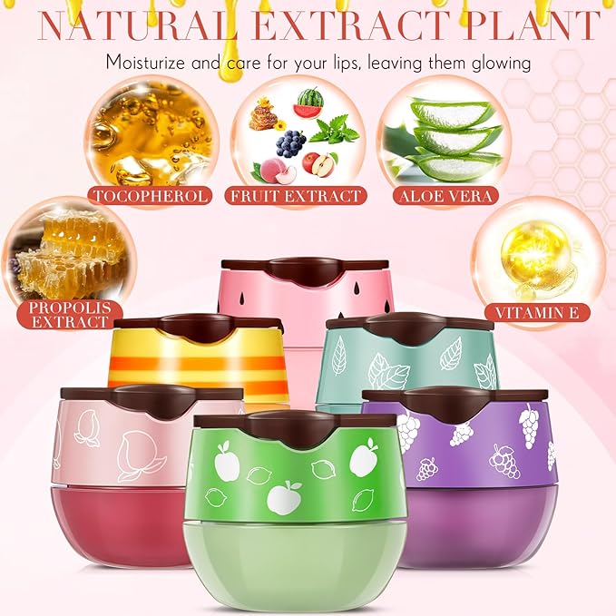 12 Pcs Bee Lip Balm Honey Pot with Brush Propolis Lip Mask Overnight, Moisturizing Hydrating Lip Sleeping Mask Prevention Dry and Cracked(Honey+Peach+Grape+Strawberry+Apple Lime+Mint)-GlimoraGlow