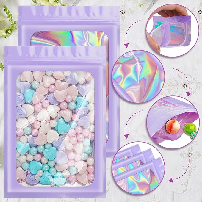 100 Pack Holographic Bags, Packaging Bags, Clear Window Resealable Odor Foil Pouch Bag for Food Storage and Lipgloss, Jewelry Lash (Purple, 4 x 6 Inch)-GlimoraGlow