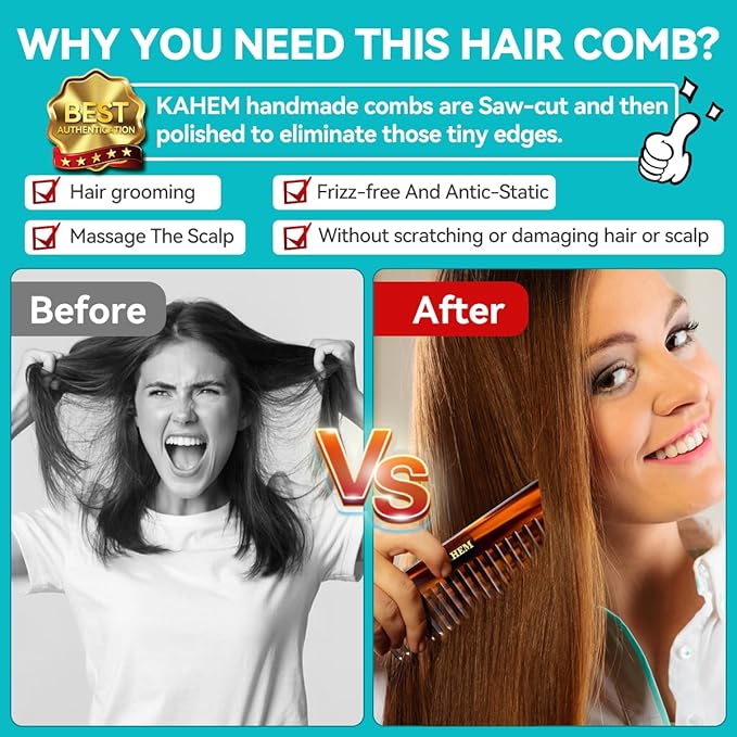 2-Piece Set Handcrafted Acetate Wide Tooth Combs - 6.29" Premium Detangler for Women, Men & Kids, Ideal for Curly, Long & Short Hair - Professional Quality for Wet/Dry Use-GlimoraGlow