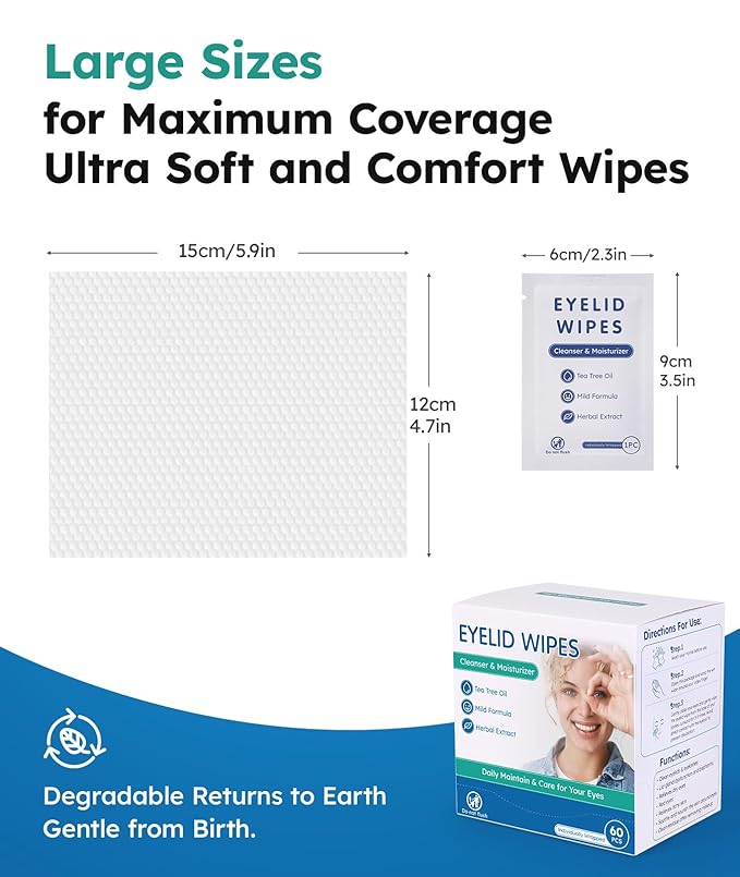 60-Count Eyelid Cleansing Wipes for Dry Eye & Blepharitis, tea tree oil Pre-Moistened Hypoallergenic EyeWipes for Sensitive Itchy Eyes, Individually Wrapped Eyelid Wipes Travel Essentials-GlimoraGlow