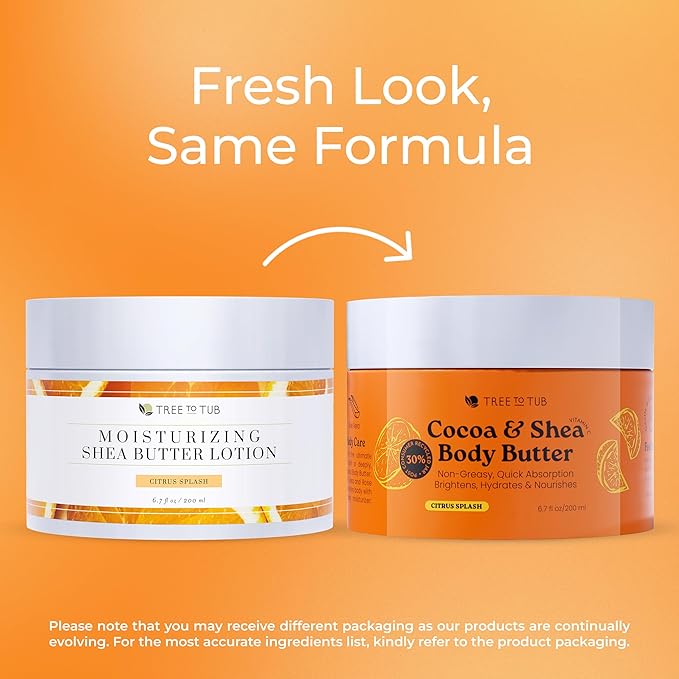 Tree to Tub Shea Body Butter for Dry, Extremely Dry, Sensitive Skin - Moisturizing Body Cream for Women & Men, Hydrating Body Lotion Moisturizer w/Vitamin C, Organic Cocoa, Citrus Scent-GlimoraGlow