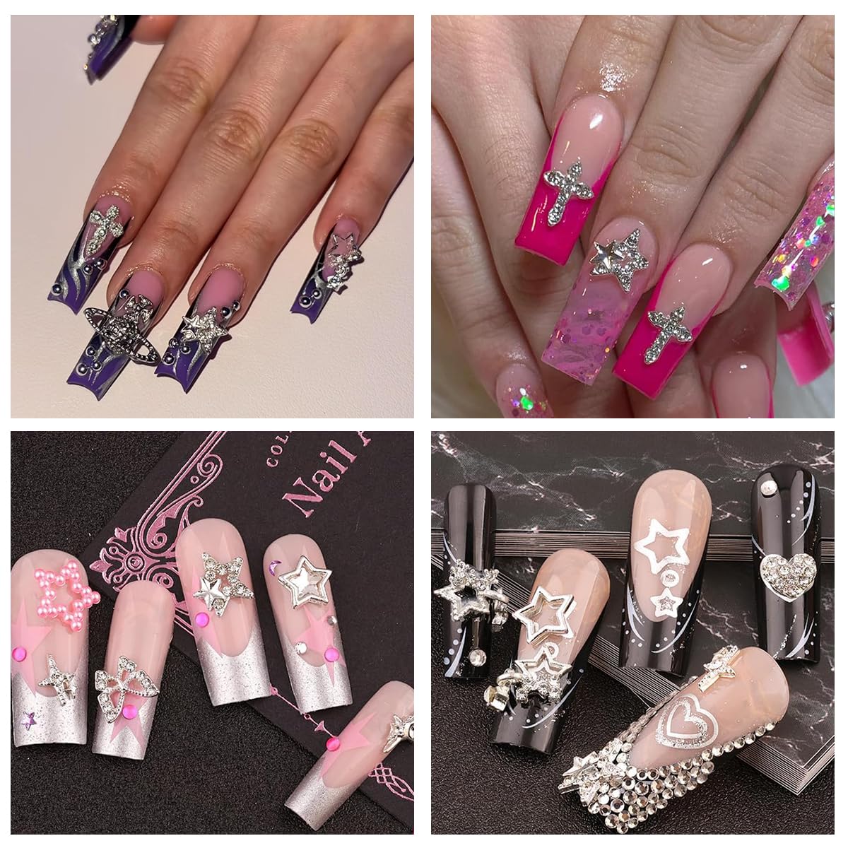 120+ Pcs Star Nail Charms Inlaid Rhinestones Gems, Silver Star Planet Cross Nail Art Decorations Shiny Jewelry for Acrylic Nail Accessories for Women Girl Manicure DlY Crafts Supplies-GlimoraGlow