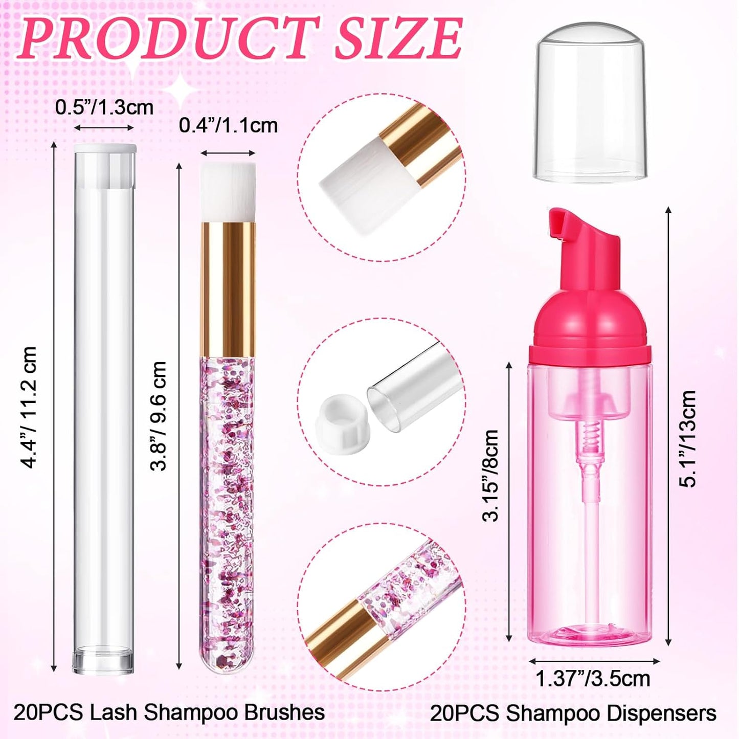 Zhehao 80 Pcs Lash Shampoo Bottle Brushes Kit 20 Foam Pump Dispensers 20 Lash Shampoo Brushes 20 Eyelash Aftercare Bag 20 Cleaning Pipes, Eyelash Extension Supplies(Rose Red)-GlimoraGlow