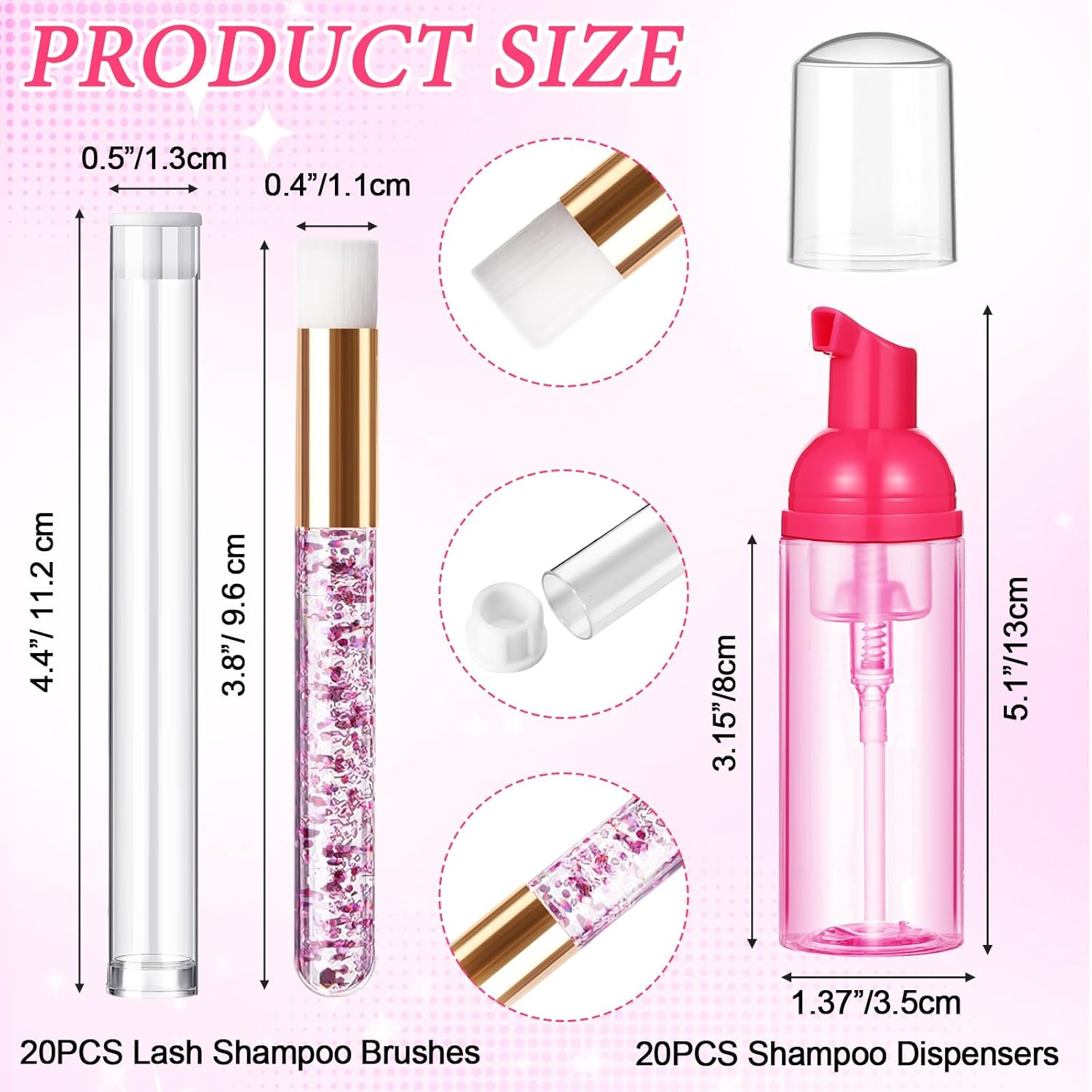 Zhehao 80 Pcs Lash Shampoo Bottle Brushes Kit 20 Foam Pump Dispensers 20 Lash Shampoo Brushes 20 Eyelash Aftercare Bag 20 Cleaning Pipes, Eyelash Extension Supplies(Rose Red)-GlimoraGlow