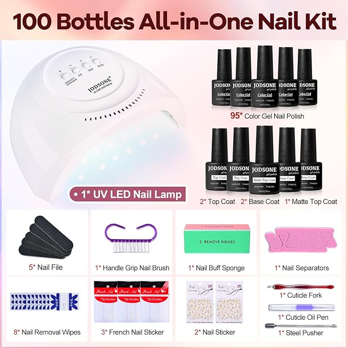 JODSONE 100 Bottles of Gel Nail Polish Kit with U V Led Light 95 Multiple Glossy Glitter Colors Mint Green Light Pink Nail Gel Base Coat Glossy and Matte Top Coat Gel Polish Kit-GlimoraGlow
