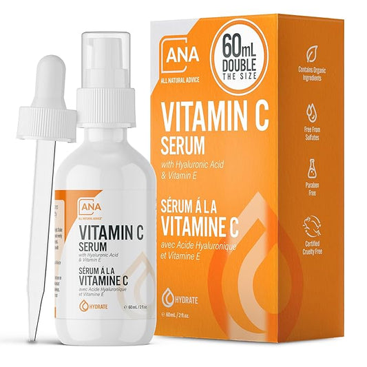 All Natural Advice Vitamin C Serum 60mL | 20% Vitamin C Face Serum Solution with Organic Botanicals, Hyaluronic Acid & Vitamin E | UV-Shielding Glass Bottle, Spray & Dropper | Canadian Skin Care-GlimoraGlow