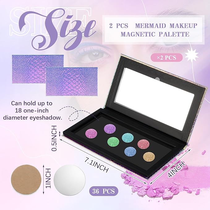 2 Pieces Magnetic Palette Mermaid Empty Palette with Mirror and 36 Pcs Adhesive Metal Empty Palette Stickers Large Mermaid Makeup Empty Palette for Eyeshadow Lipstick Blush Powder-GlimoraGlow