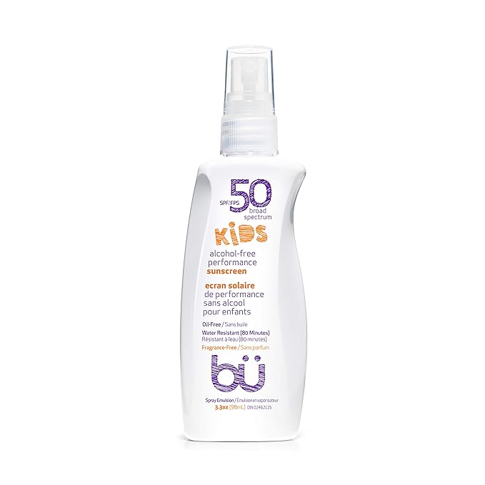 BU SPF 50 Kids Sunscreen Spray for Face and Body, Non Aerosol Spray, Fragrance Free, Clear, Non Greasy, Water Resistant, Fragrance Free 3.3 oz-GlimoraGlow