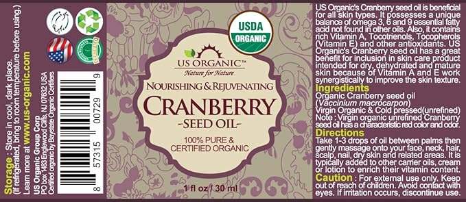 US Organic Cranberry Seed Oil, USDA Certified Organic,100% Pure & Natural, Cold Pressed Virgin, Unrefined in Amber Glass Bottle w/Glass Eyedropper for Easy Application (1 oz (30 ml))-GlimoraGlow