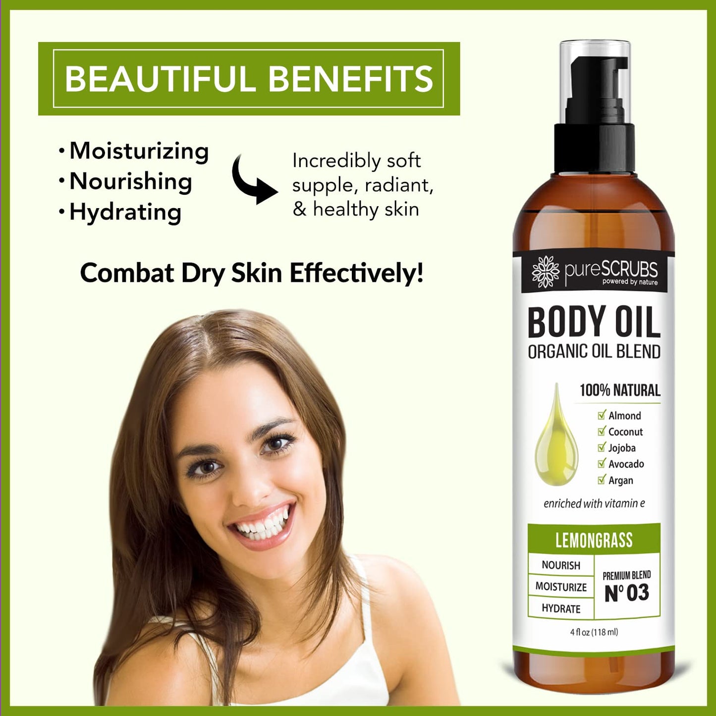 pureSCRUBS Ultra Moisturizing Lemongrass Body Oil Spray for Dry Skin, Massage, & More, Organic Super Blend of Jojoba, Argan, Coconut, Sweet Almond & Avocado Oils Enriched with Vitamin E, Lg 4oz-GlimoraGlow