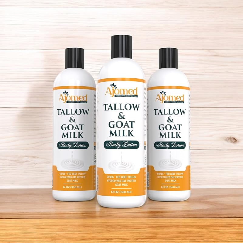 Grass Fed Beef Tallow & Goat Milk Body Lotion for Sensitive Skin, Organic Tallow moisturizer- Soothes Dry Patches, Goat Milk Moisturizer - Handmade Tallow Body Lotion (Oatmeal & Honey, 12 Oz)-GlimoraGlow