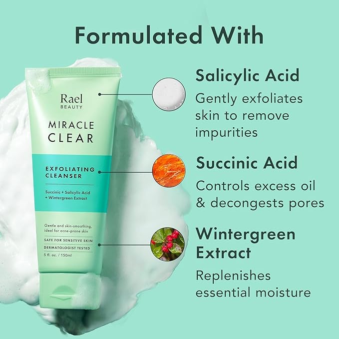 Rael Miracle Clear Face Wash – Gentle Exfoliating Cleanser with Succinic Acid & Minerals, Hydrating Formula for Daily Use, Ideal for Acne-Prone, Dry, Sensitive & Oily Skin, Vegan (5 fl oz)-GlimoraGlow