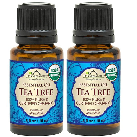 US Organic 100% Pure Tea Tree Essential Oil, Steam Distilled, USDA Certified Organic, for Hair, Skin, Scalp, Foot, Toenails, and More. Sourced from South Africa, Undiluted, Non-GMO (15 ml, 2 Pack)-GlimoraGlow