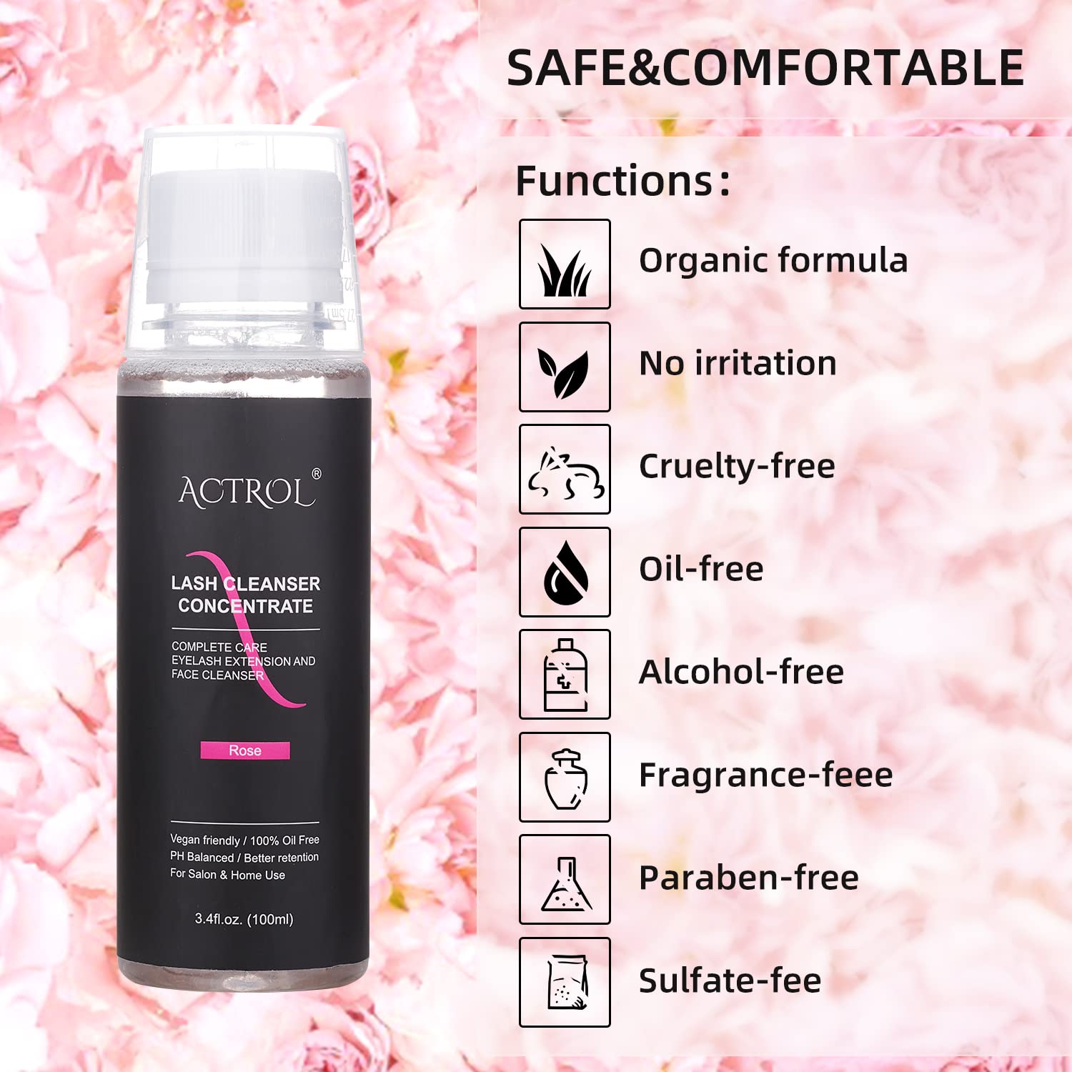 Eyelash Cleanser Concentrate 100ml Rose Professional Lash Shampoo Foaming Cleanser Paraben & Sulfate Free Non-lrritating Wash for Extensions Lashes with Salon Home Care-Makes 20 Bottles-GlimoraGlow