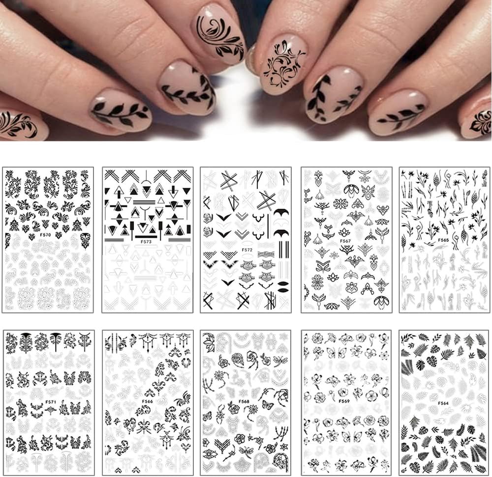 10 Sheets Black White Leaves Flower Nail Art Stickers 3D Self-Adhesive Retro Floral Vine Pattern Nail Decals Tropical Plants Mandala Leaf Geometry Transfer Decals Nail Art Decorations for Women Girls-GlimoraGlow