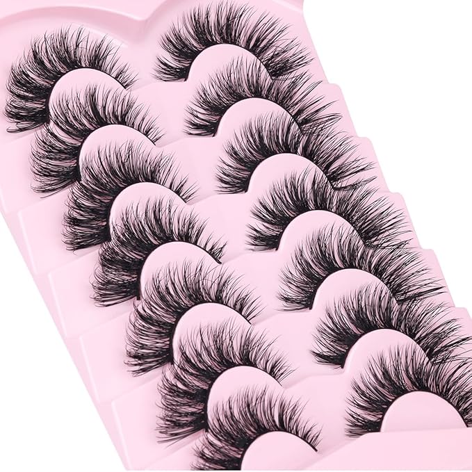 Mink Lashes False Eyelashes Natural Look Wispy Cat Eye Flat Lashes 3D Mink Lashes Natural Fake Lashes 18mm Strip Lashes Pack 7 Pairs-GlimoraGlow