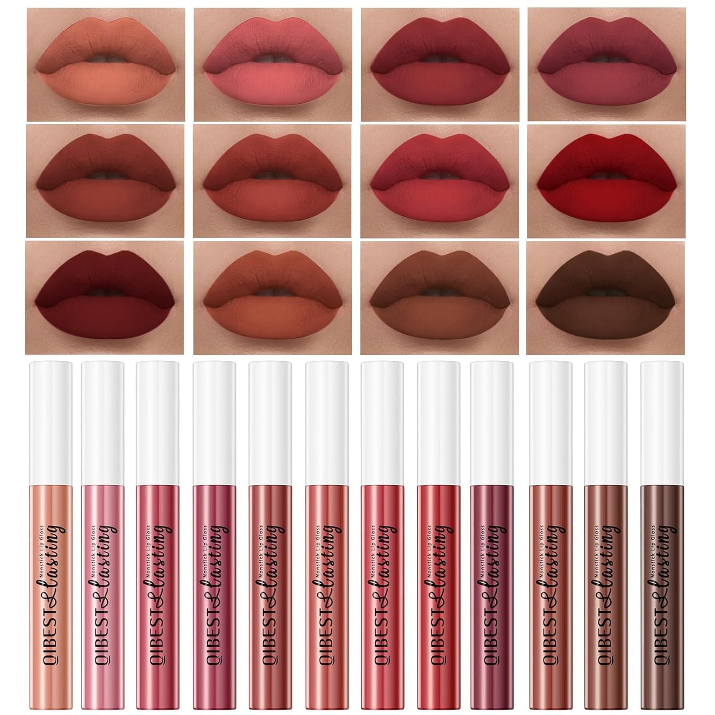 12Pcs Matte Liquid Lipstick Set for Girls & Women, 24 Hours Long Lasting Waterproof Nude & Dark Red Lip Gloss Makeup Kits, Velvet Non-Stick Cup Mate Duracion 24 Horas Originales Lip Stains (Set 01, 1)-GlimoraGlow