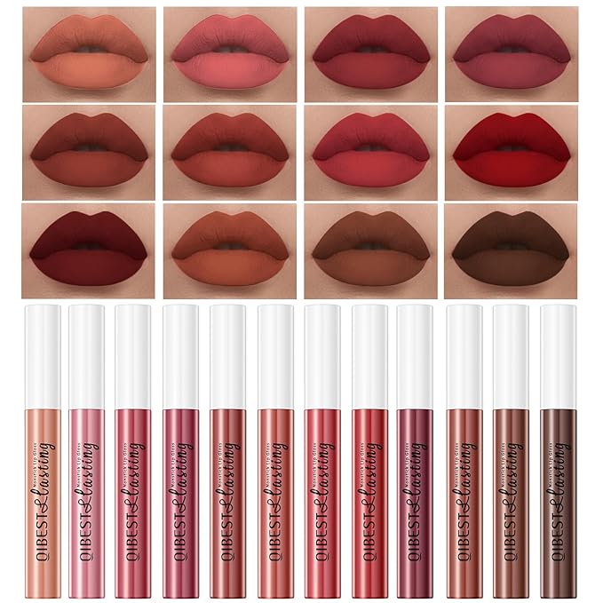 12Pcs Makeup Matte Lipstick Lip Kit, Warm Neutrals & Vintage Reds Non-Stick Cup Not Fade Liquid Lipstick Waterproof Long Lasting Durable Nude Lip Gloss Beauty Cosmetics Gift Box Makeup Set Kit-GlimoraGlow