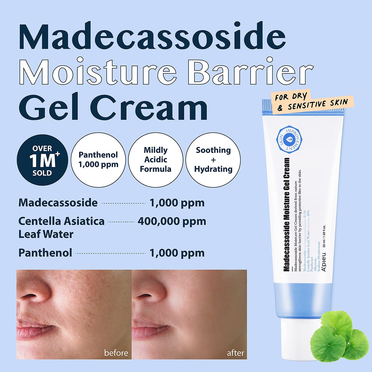 A'PIEU Madecassoside Moisture Gel Cream (1.69 Fl oz) - for Hydrating Dry and Sensitive Skin- Helps Soothe Damage and Maintain Optimal pH level- Centella Asiatica, Panthenol, Allantoin-GlimoraGlow